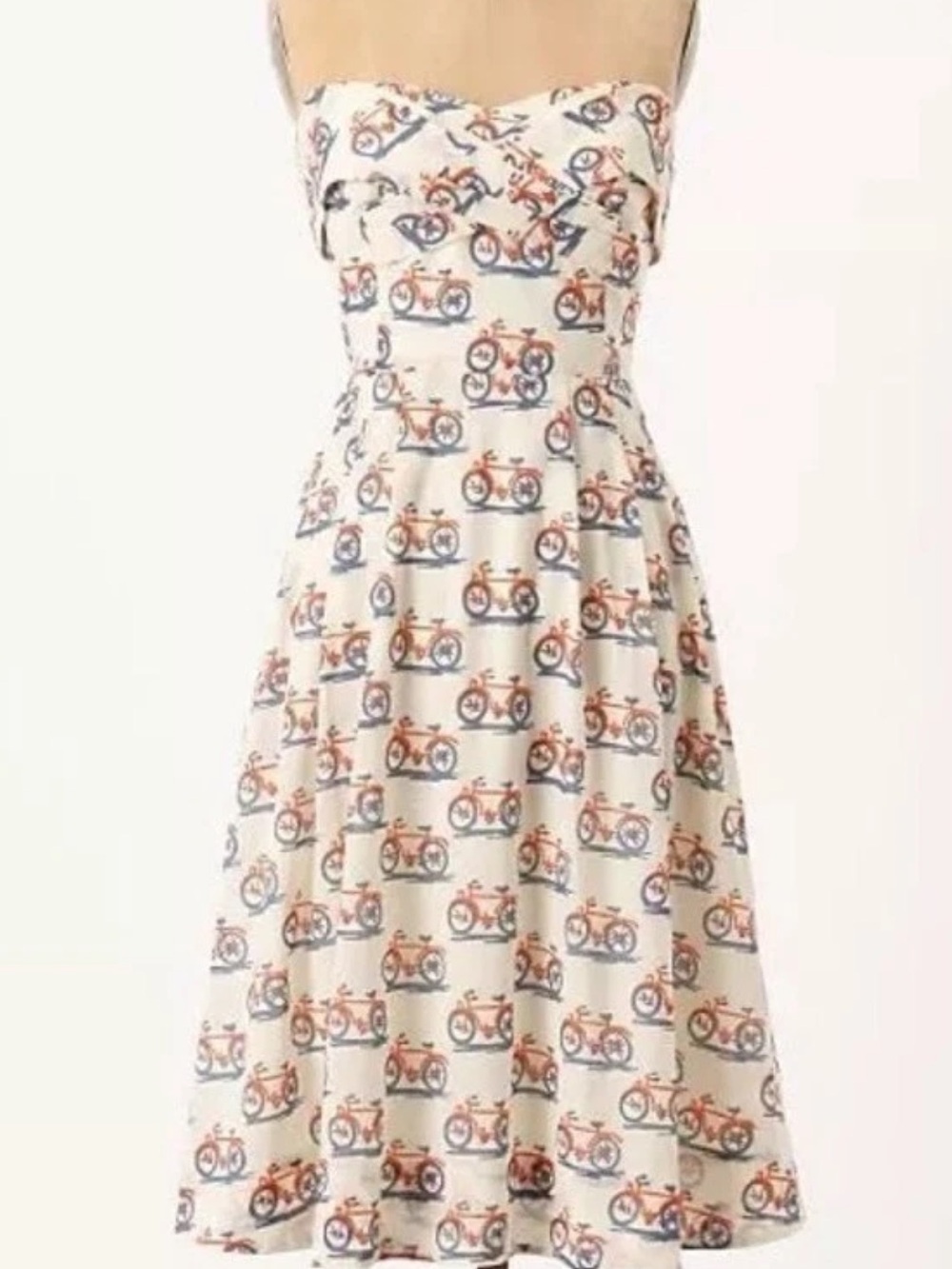 Anthropologie Strapless Cream Dress with Orange & Navy Bicycle Print
